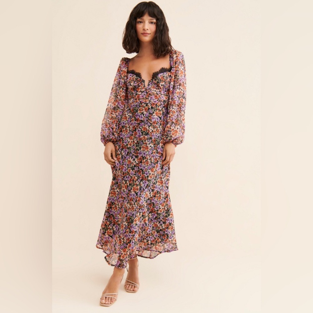 Astr Floral Maxi Dress with Black Lace Trim